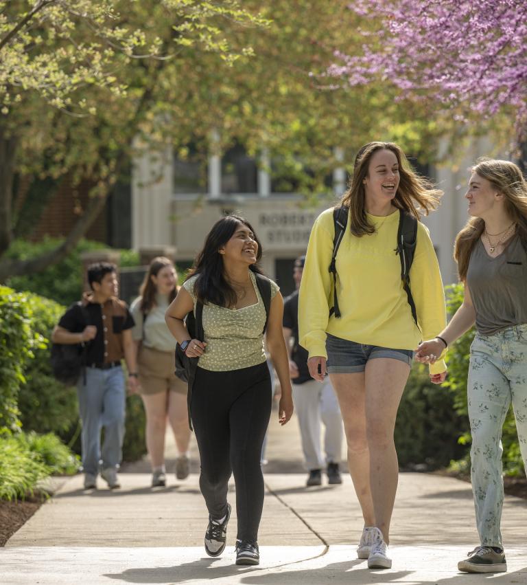 A group photo of students walk to class