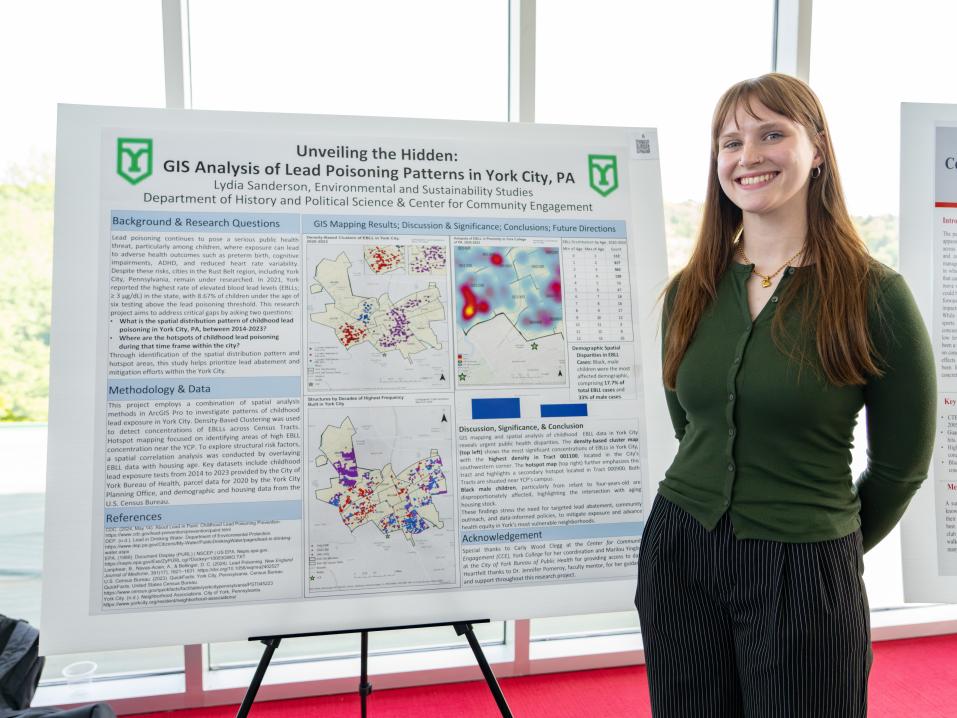 Lydia Sanderson stands next to her Undergraduate Research Showcase presentation