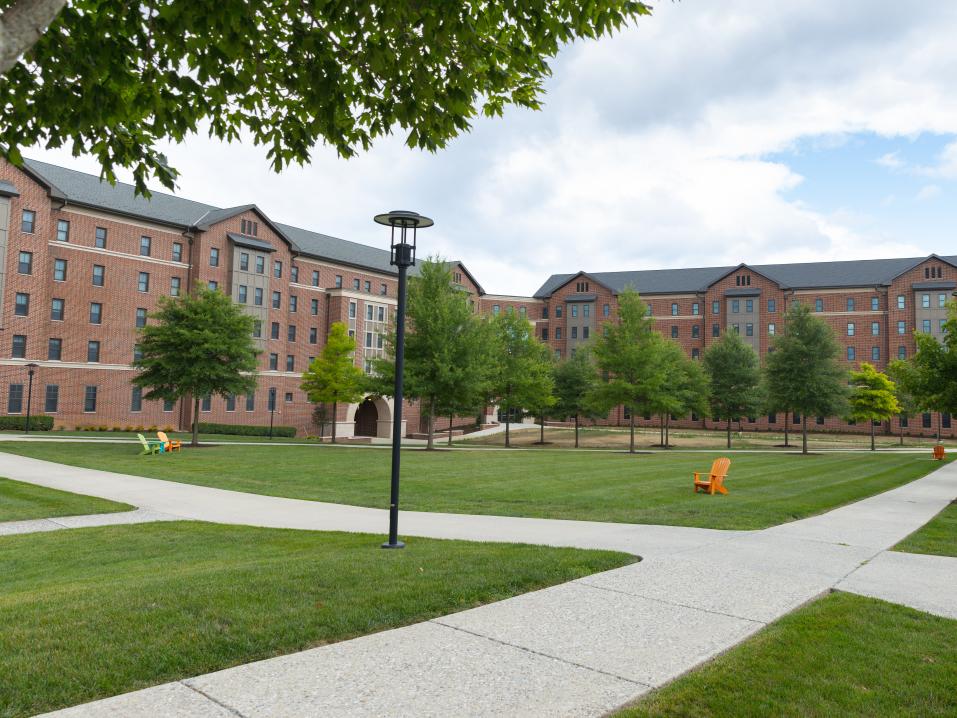 A wide green lawn with trees and a large brick building in the background.