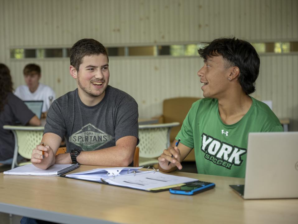 Two students studying together at a desk.