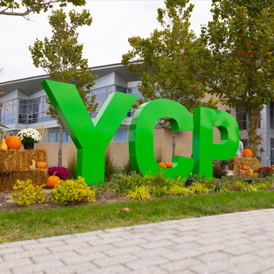 The YCP letters with fall deco in front of the Grum.