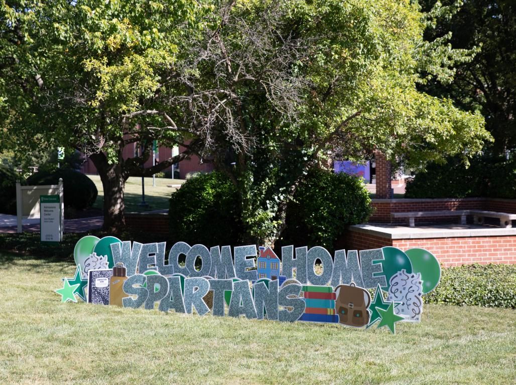 "Welcome Home Spartans" sign on the main campus lawn as the college expects more than 900 new students