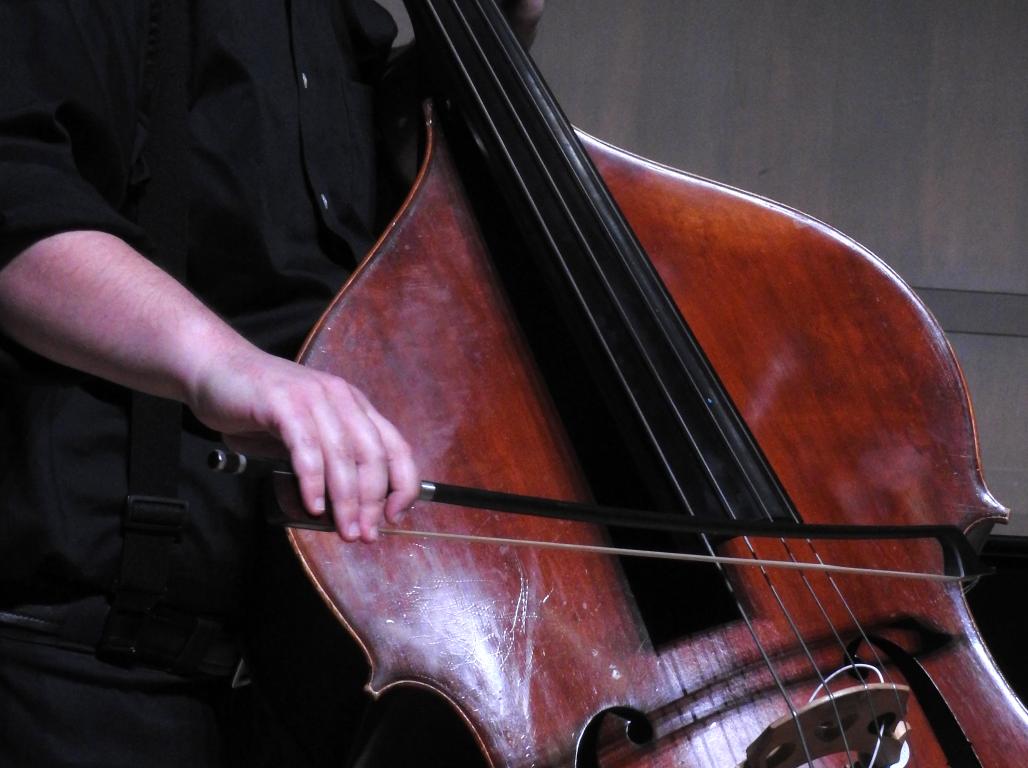 A member of the orchestra plays their instrument 