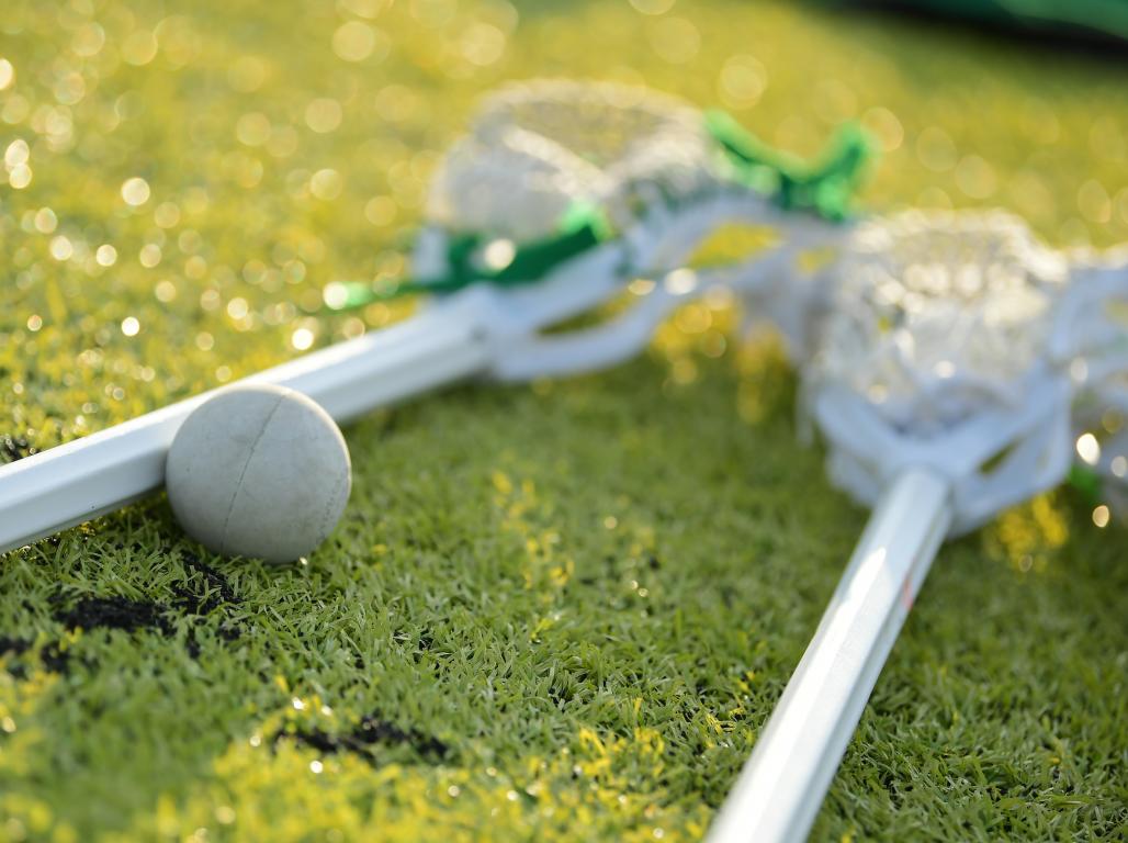 Two lacrosse sticks and a ball laying on the field.