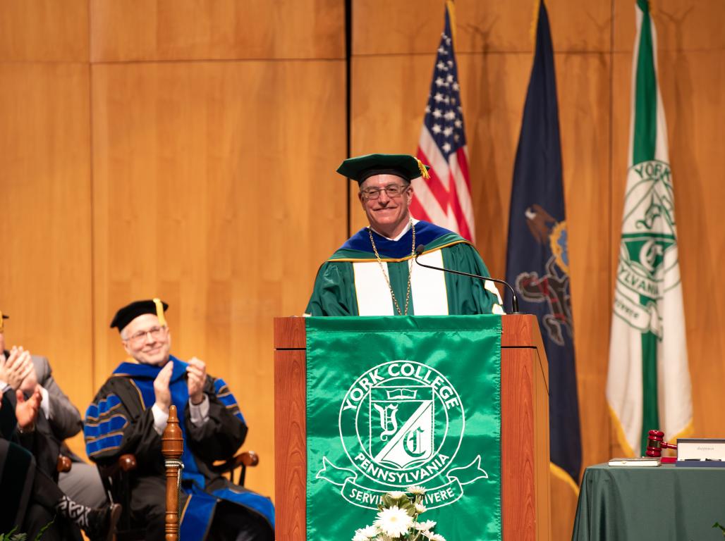 Dr. Burns during his Inauguration giving a speech.