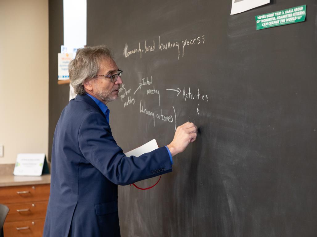 Dominic Dellicarpini writing on a chalkboard.