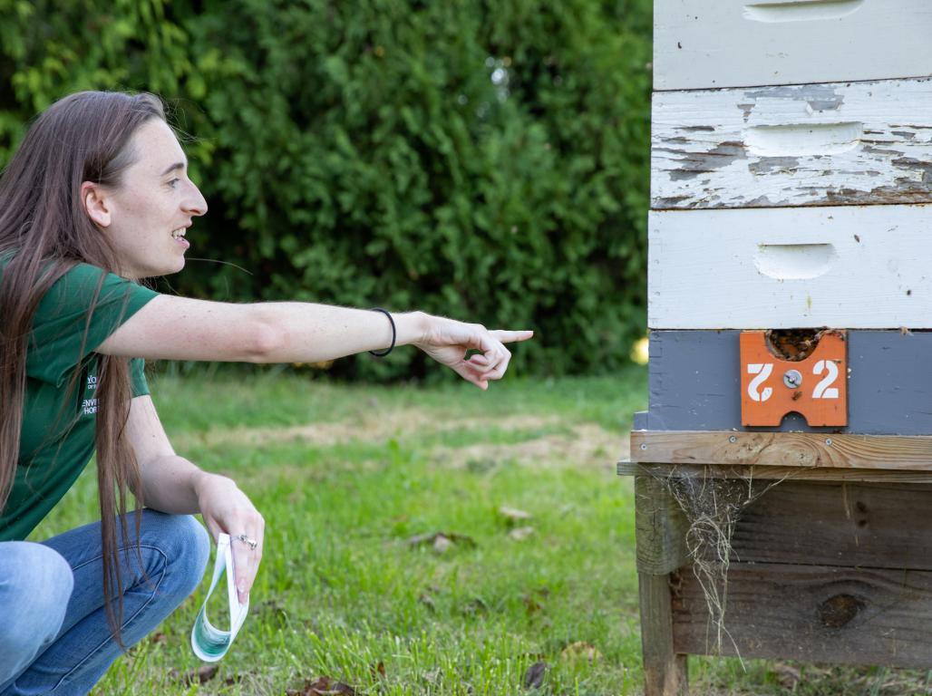 Kaitlin Dannenberg points at a multi-layered wooden beehive. 