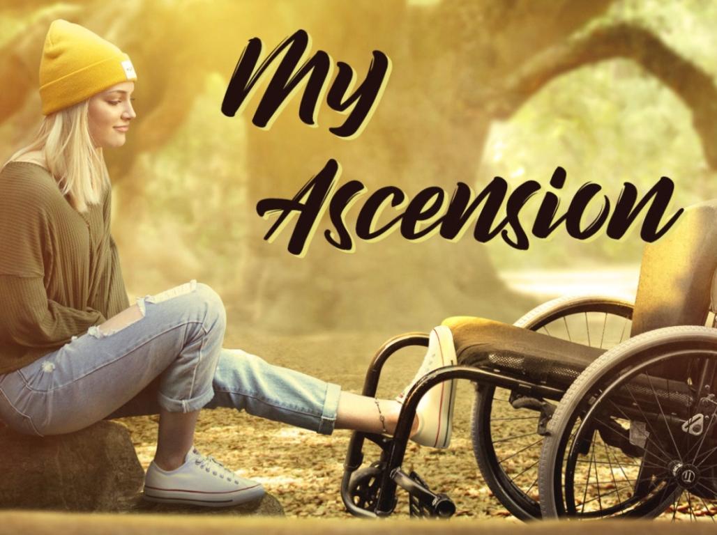 A poster for the film My Ascension depicting a woman seated with her foot resting on a wheelchair laying on its back.