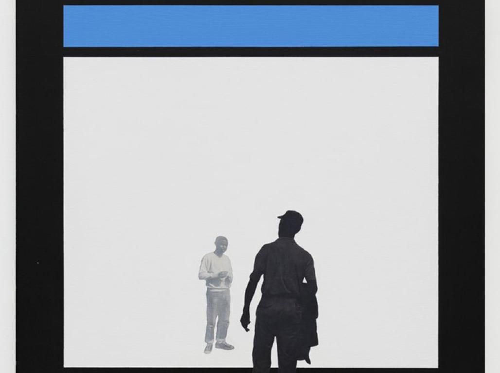 Mixed media artwork by McKinley Wallace III shows a thin blue line over a white box. A man is backlit in the white box, with a translucent shadow of man standing deeper in the white box's interior.