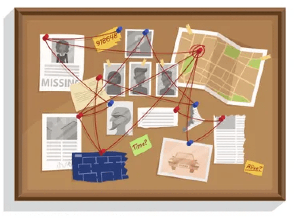 An illustration shows a corkboard with a red string connecting pieces of pinned-up evidence.