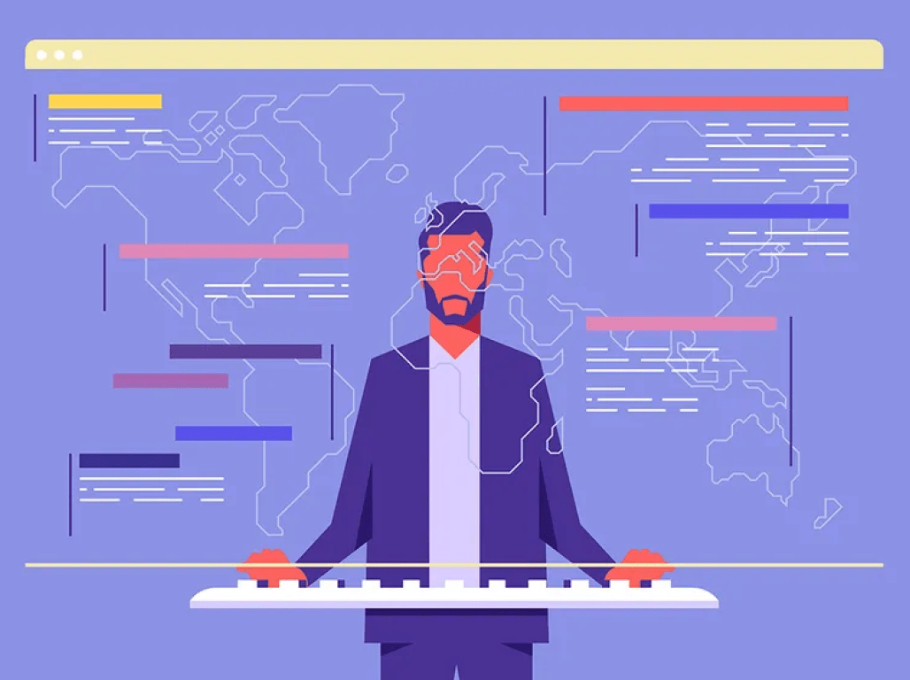 An illustration shows a man at a keyboard, looking at a variety of data graphics.