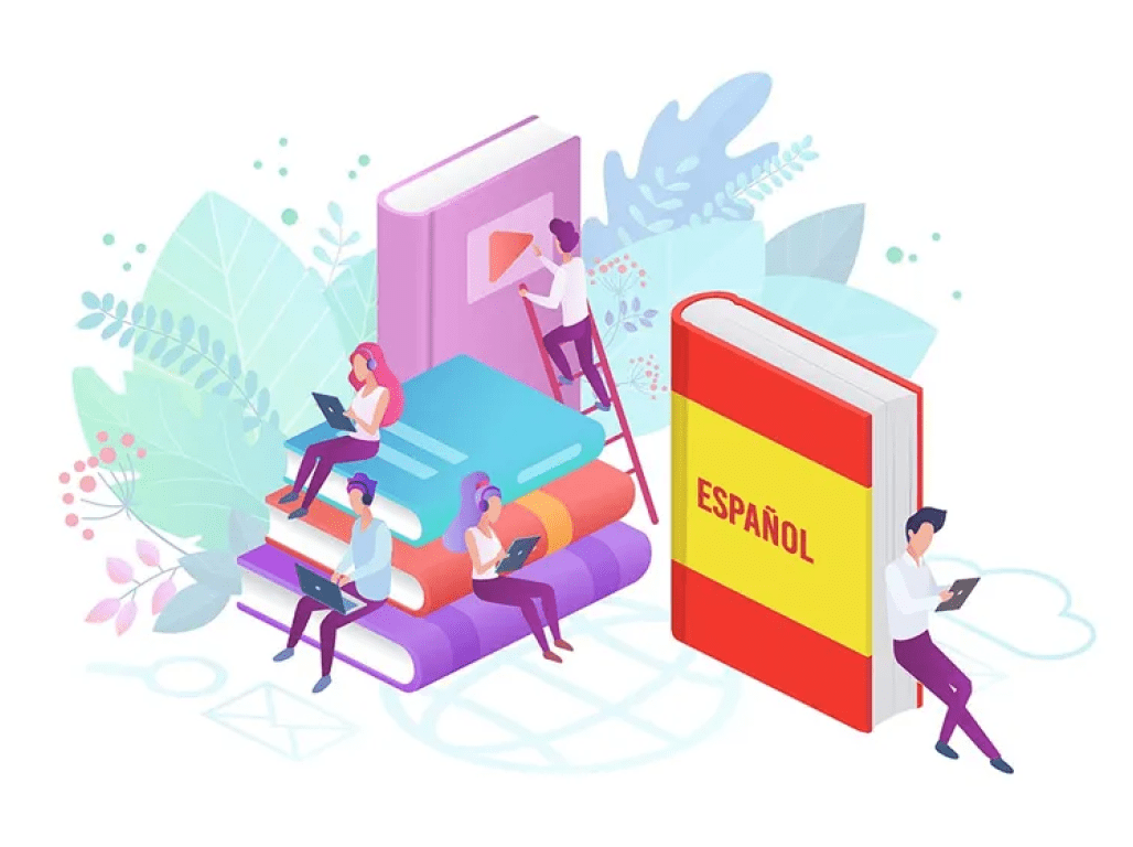 An illustration shows people lounging among giant-sized spanish textbooks.
