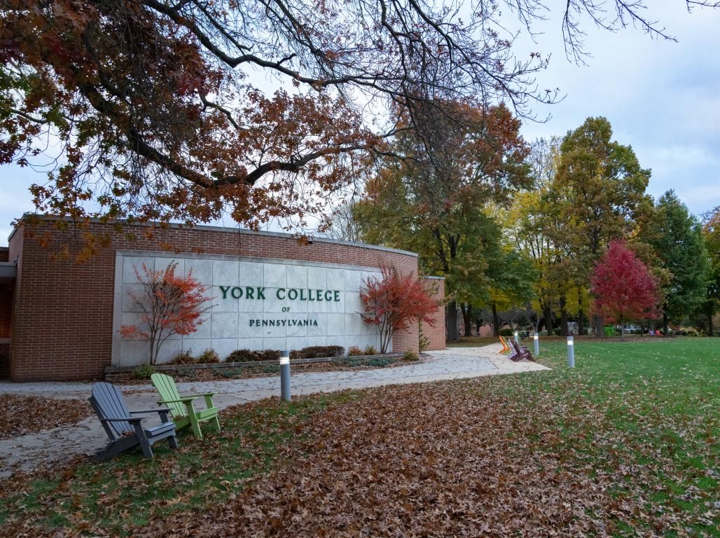 Brightly colored leaves carpet the lawn in front of the large York College of Pennsylvania sign on main campus.