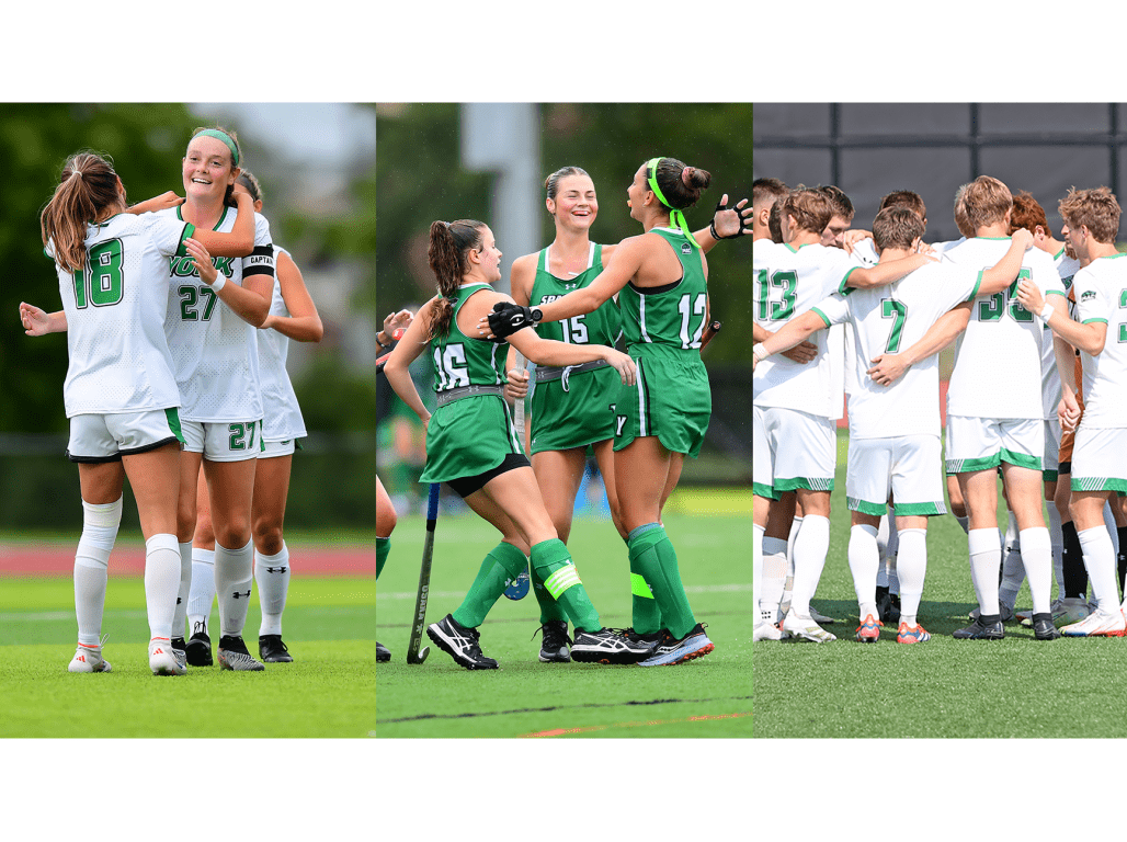 A collage of three photos shows student athletes celebrating on field after their victories in Women's Soccer, Field Hockey, and Men's Soccer