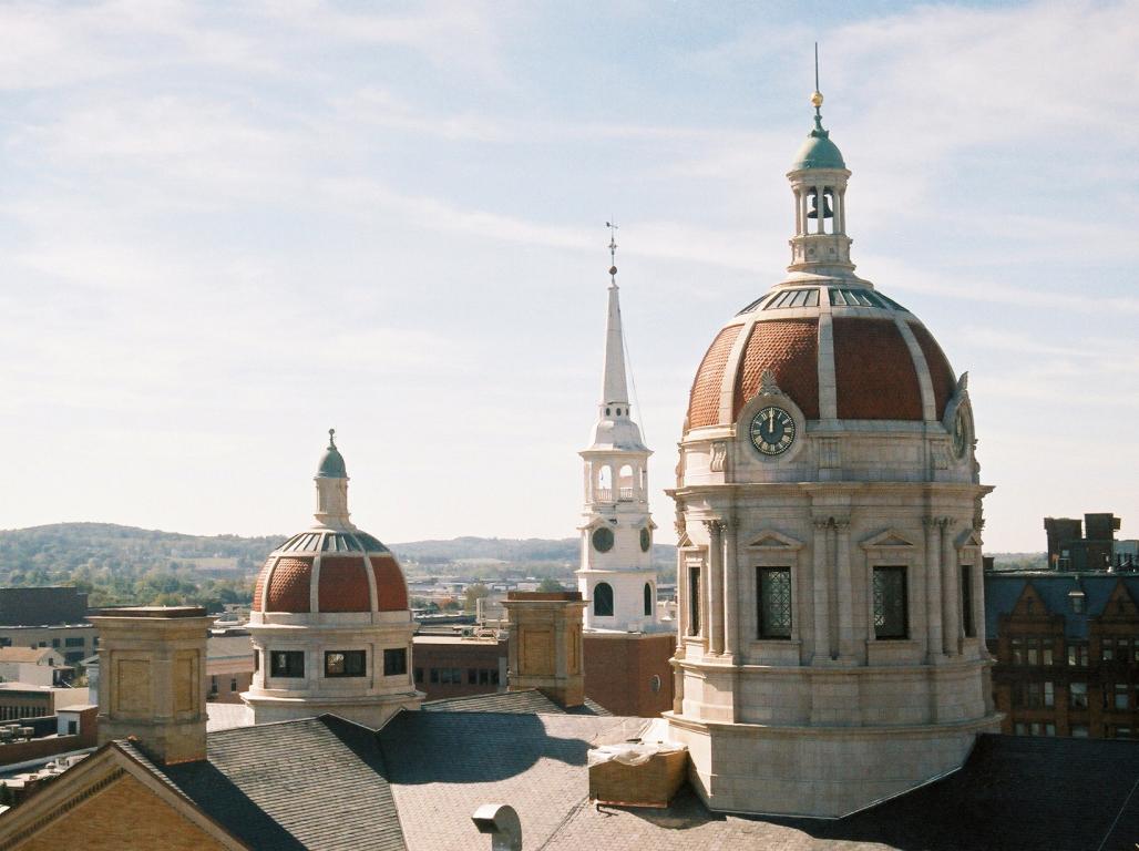 City skyline with domes and spires.