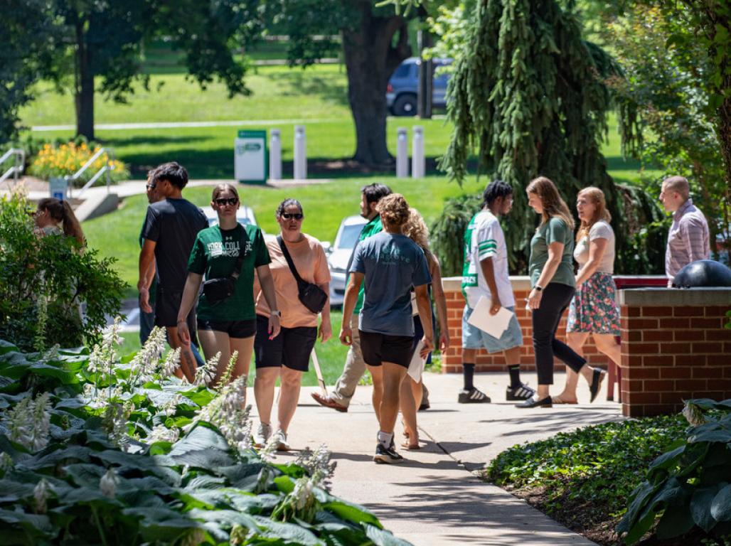People walking on a sidewalk surrounded by landscaping on a sunny day.