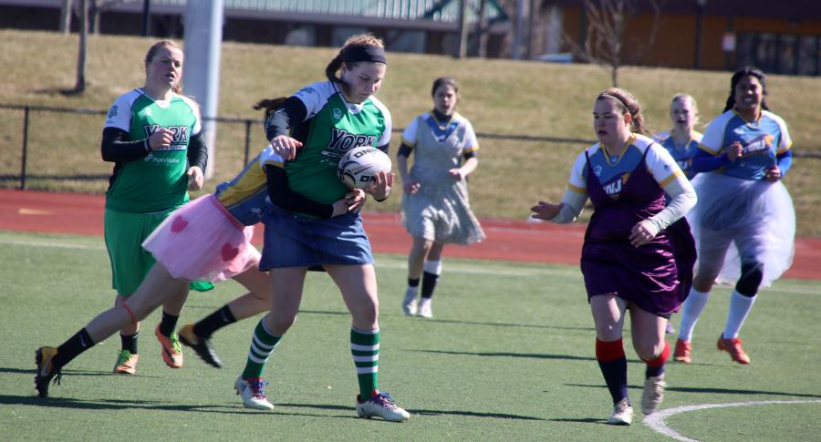The York College Women's Rugby Club in action.
