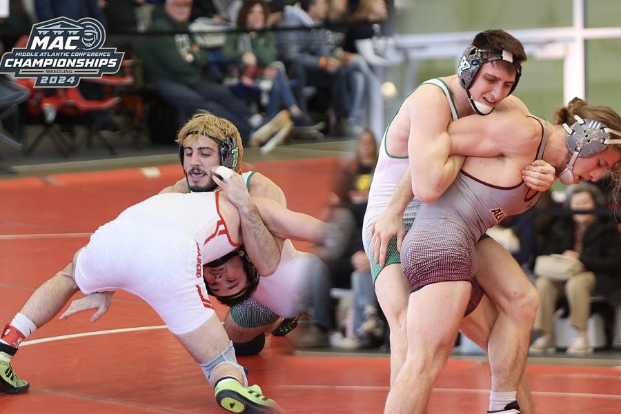 Two pairs of wrestlers engaged in a match at the 2024 Middle Atlantic Conference Wrestling Championships