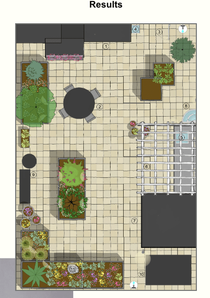 Final rooftop garden design result showing a top-down layout with seating, walkways, planters, a pergola, and selected planting areas.