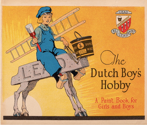 Vintage 1926 Dutch Boy paint advertisement showing a child in blue work clothes riding a donkey while holding a paintbrush, with a ladder and paint can nearby. Text promotes “The Dutch Boy’s Hobby,” a paint book for girls and boys.