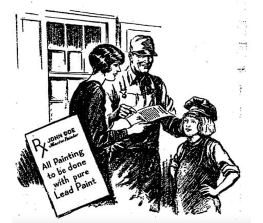 Black-and-white 1928 advertisement showing a woman, a painter, and a child reviewing papers beside a sign recommending that all painting be done with pure lead paint.