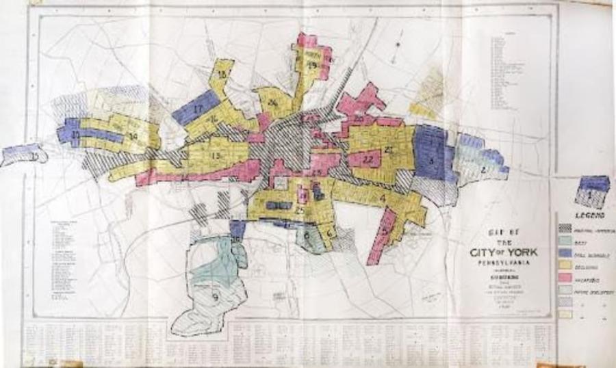 Color-coded 1930 map of York, Pennsylvania, showing numbered city areas and neighborhoods shaded in yellow, pink, blue, gray, and hatched patterns, with a legend and reference tables.