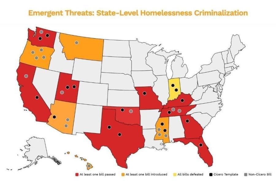 U.S. map showing state-level homelessness criminalization legislation. Red states passed at least one bill, orange states introduced bills, and Indiana, shown in yellow, defeated all bills. Black and gray dots identify Cicero-template and other bills.