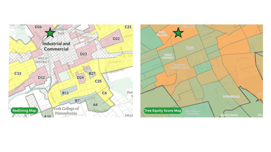 Side-by-side maps of York compare a historic redlining map with a modern Tree Equity Score map. A green star marks the same area near WellSpan Park on both maps to highlight differences between past neighborhood classifications and current tree equity patterns.