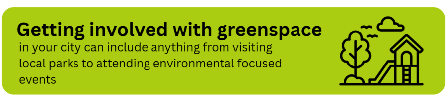 Infographic encouraging involvement with local greenspace through activities such as visiting parks and attending environmentally focused events.