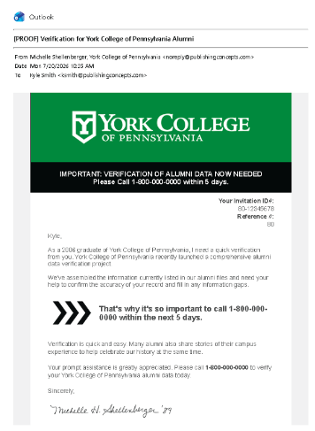 Outlook proof email from 'Michelle Shellenberger, York College of Pennsylvania' (noreply@publishingconcepts.com) to Kyle Smith, dated Mon 7/20/2026 10:35 AM, subject '[PROOF] Verification for York College of Pennsylvania Alumni.' The email has a green York College of Pennsylvania banner and a black bar reading 'IMPORTANT: VERIFICATION OF ALUMNI DATA NOW NEEDED — Please Call 1-800-000-0000 within 5 days,' with an Invitation ID and Reference number listed at right. The body, addressed to 'Kyle,' states the se