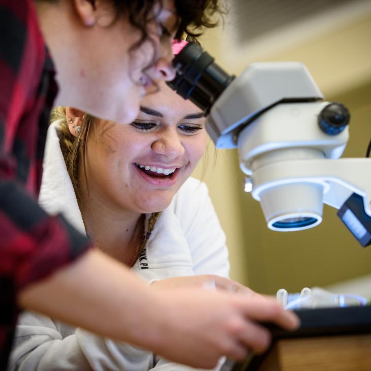 A student looks through a microscope while another student looks on.