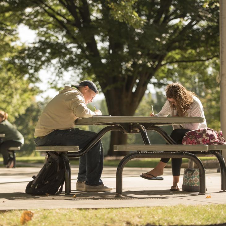 2 Students are sitting at a table in the York College quad working on classwork