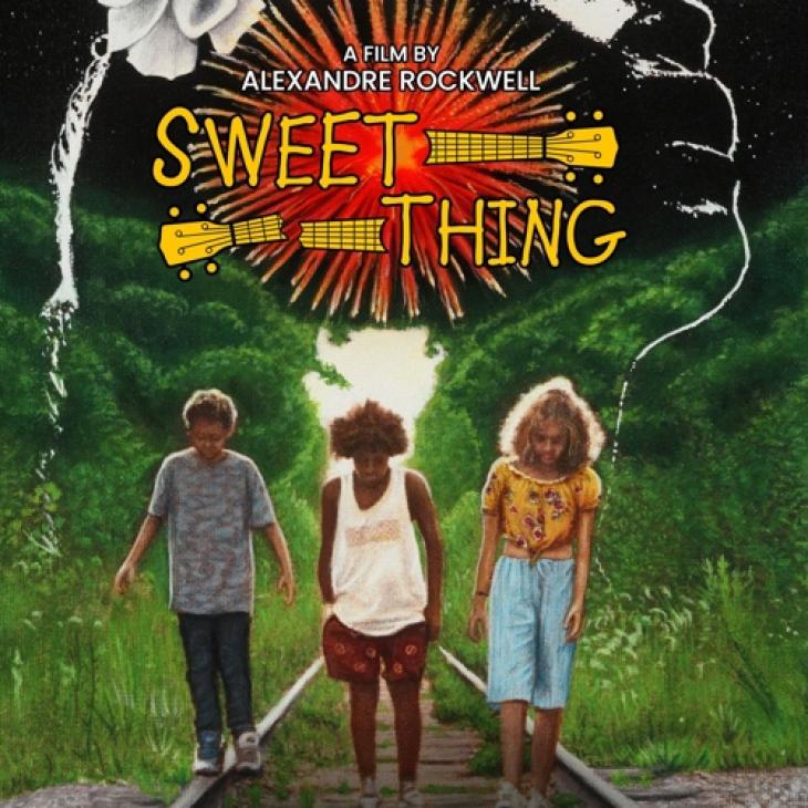 A movie poster for Sweet Thing, a film by Alexandre Rockwell, shows three women walking along a train track in a wooded area.