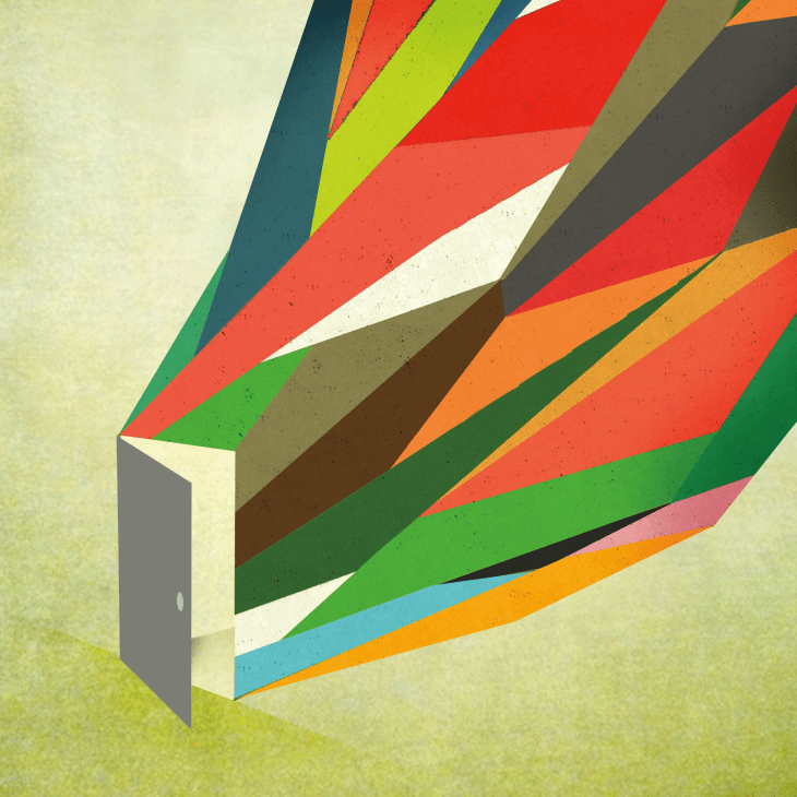 An illustration shows a door ajar as colorful prisms pour out of it.