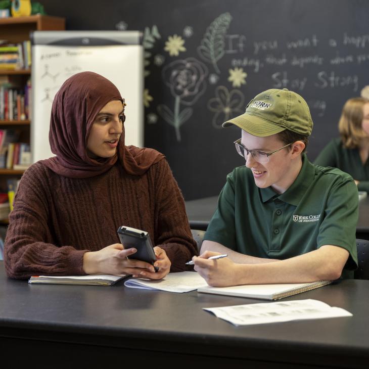 Peer tutor helps student with a math problem using a calculator.