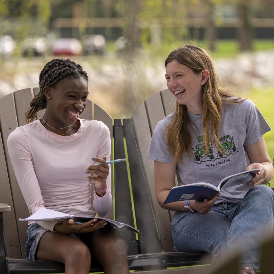 Students study together outdoors on campus on a swing.