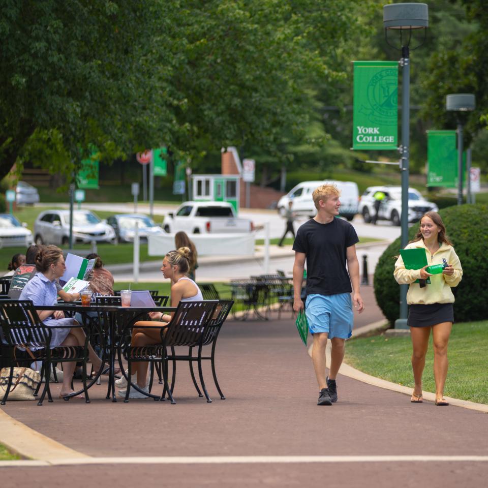 A sunny day on campus with students walking on the pathways with trees behind them.
